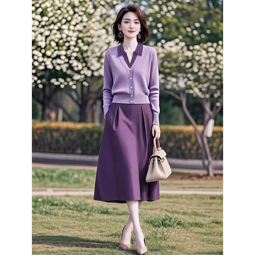 小众设计时尚洋气减龄2025秋季新款紫色假两件毛衣半身裙套装女潮