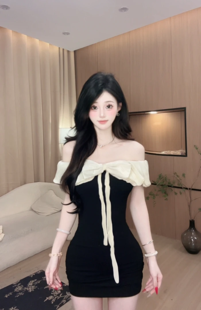 【伯爵公主】夏季一字肩纯欲辣妹性感短裙修身法式连衣裙F082