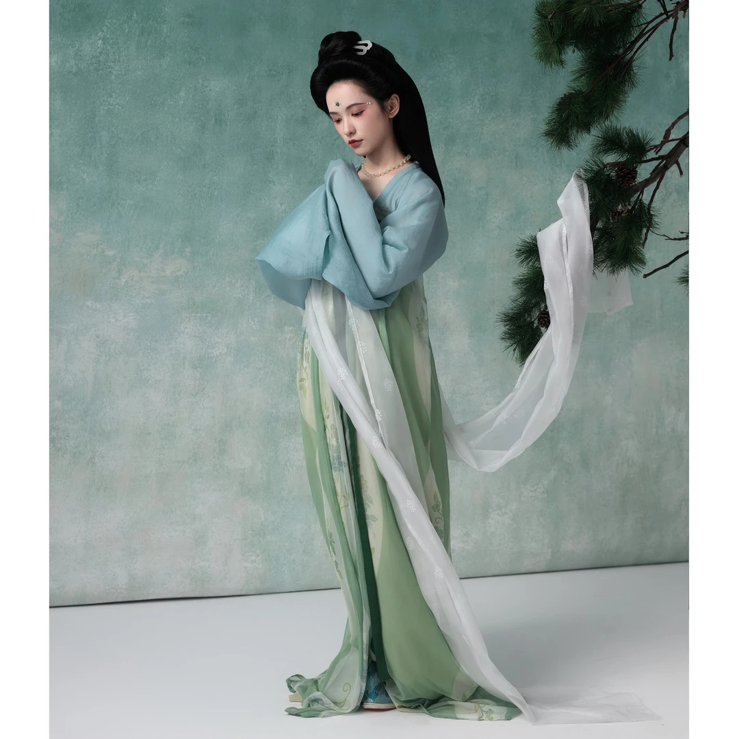 【上遥居小店】画屏唐原创汉服女春夏绿色齐胸衫裙蓝色对襟短衫披帛