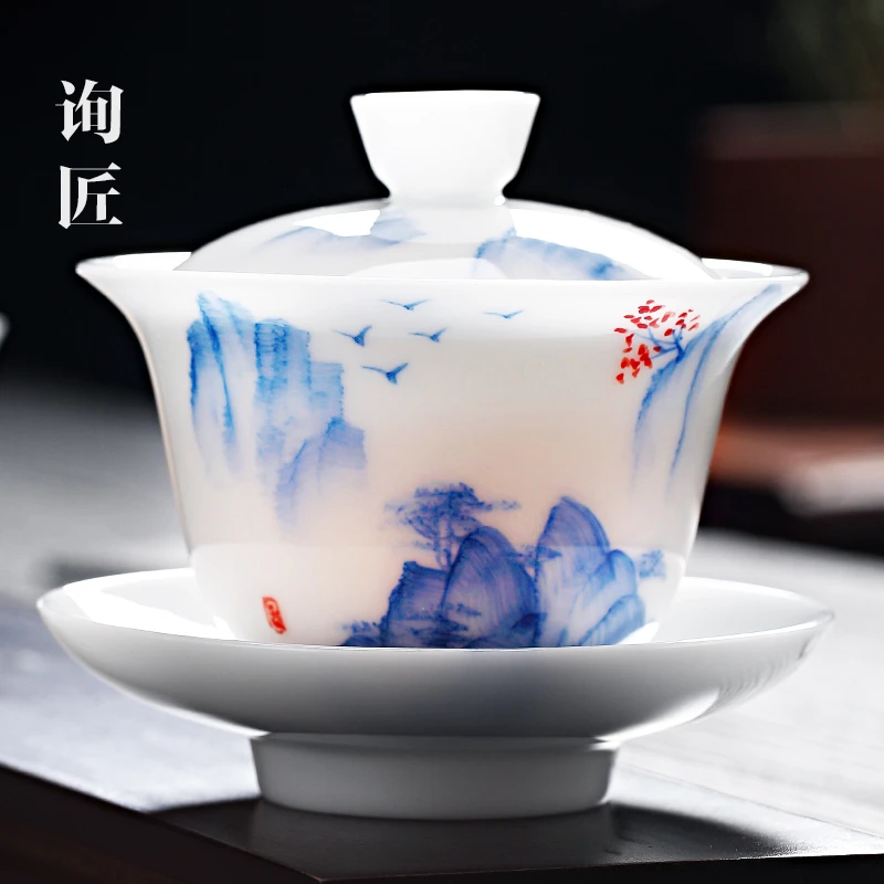 冰种手绘青花瓷泡茶三才盖碗茶具景德镇单个白瓷茶碗高档陶瓷茶杯