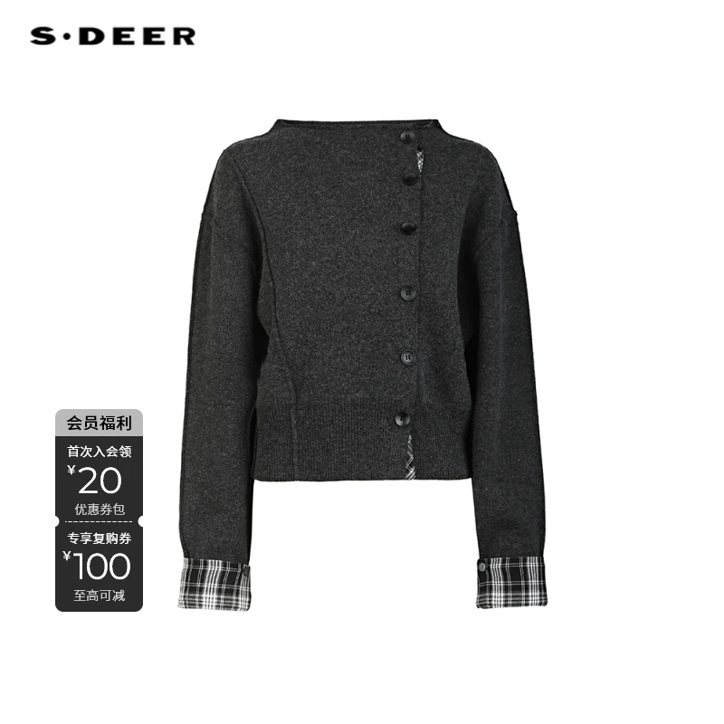 S·DEER圣迪奥小香风气质长袖短款时尚百搭灰色绵羊毛针织衫