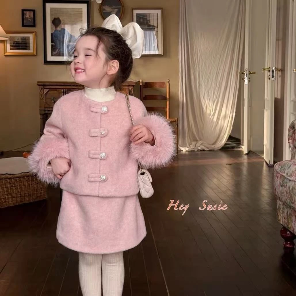冬季外套童装小香风毛毛袖单排扣公主风女童洋气加厚半裙两件套