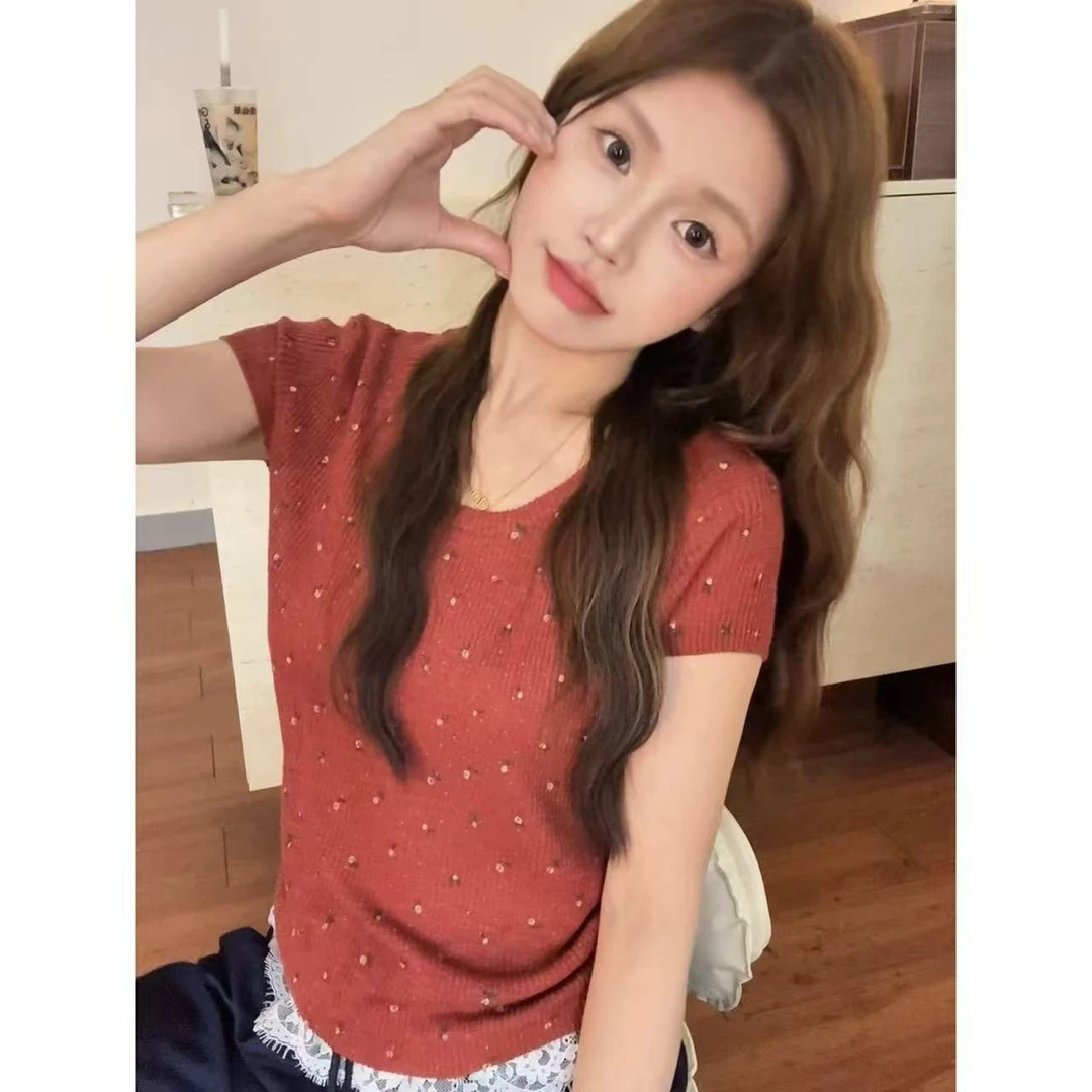 【青青推荐】2025夏季新款碎花印花高弹小飞袖竹节麻圆领短袖上衣女