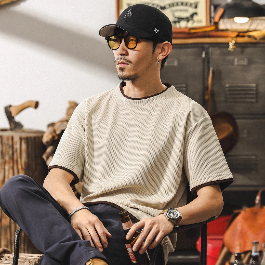 美式复古假两件短袖T恤男夏季2025新款华夫格肌理感宽松大码上衣