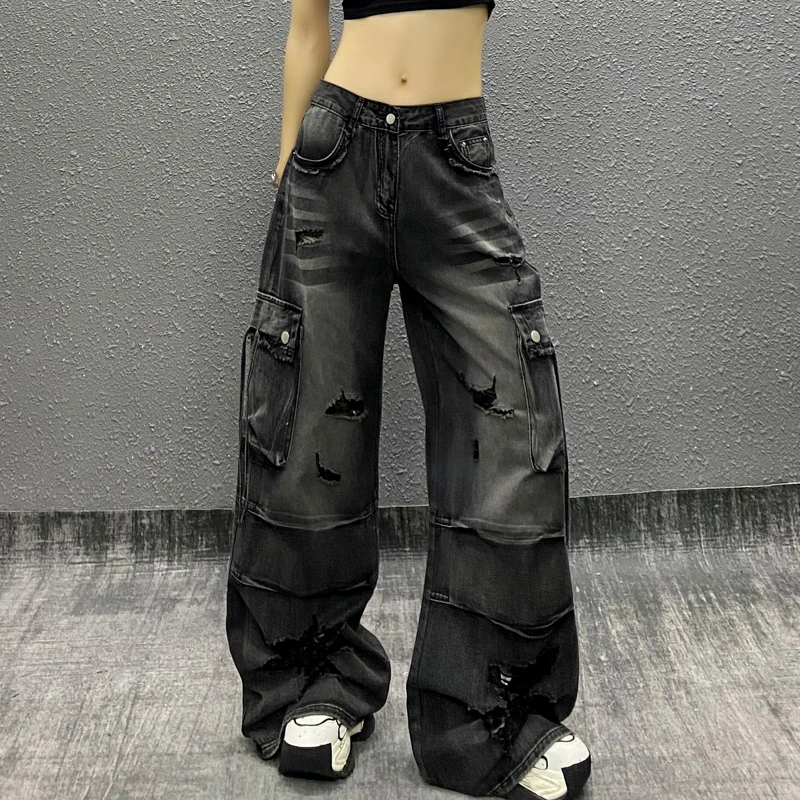 帅气黑色破洞牛仔工装裤女夏新款高腰宽松显瘦百搭直筒休闲阔腿裤
