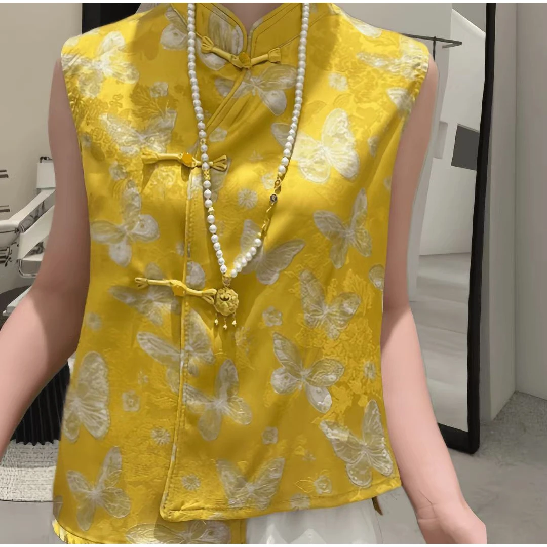 25年夏季高级感别致新中式国风马甲复古重工印花国风无袖上衣