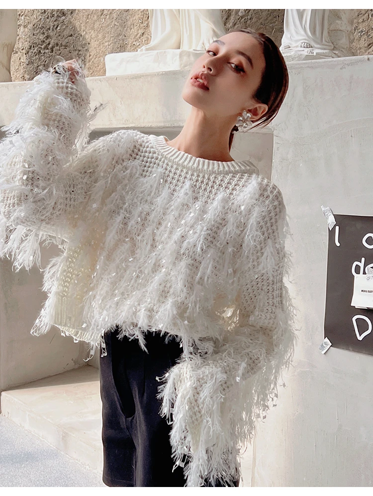 2025秋冬新款米白色流苏设计感针织衫女圆领百搭毛衣DM2DJS018