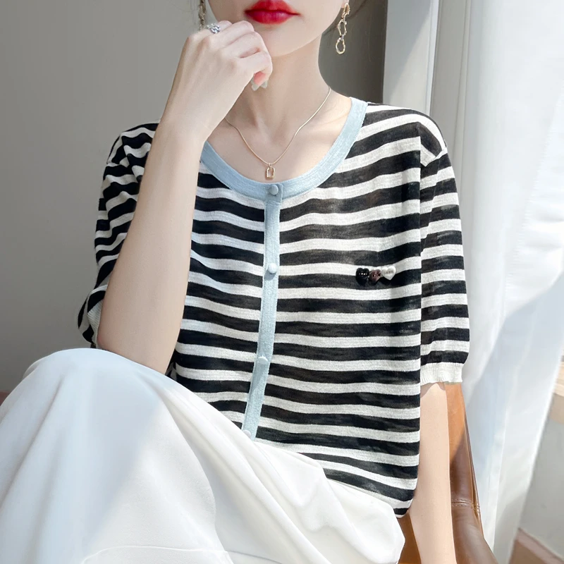 爱心条纹假开衫洋气短袖百搭针织衫韩版宽松女士竹节麻上衣气质女