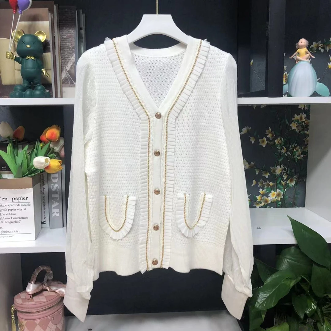 时尚百搭V领荷叶边镂空针织衫N402