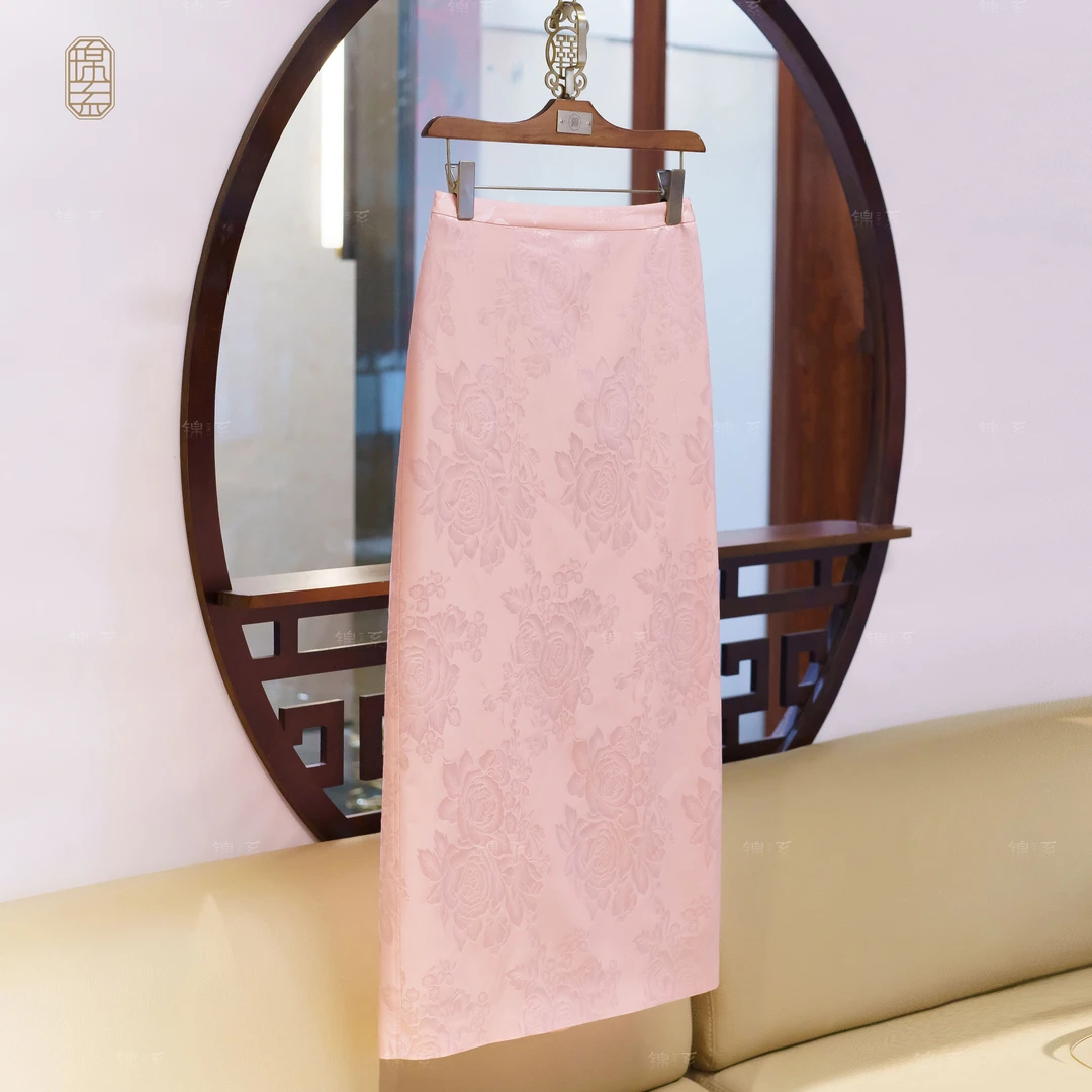 【锦系-新款】丝毛提花新中式国风桑蚕丝后松紧腰半裙Q-382380