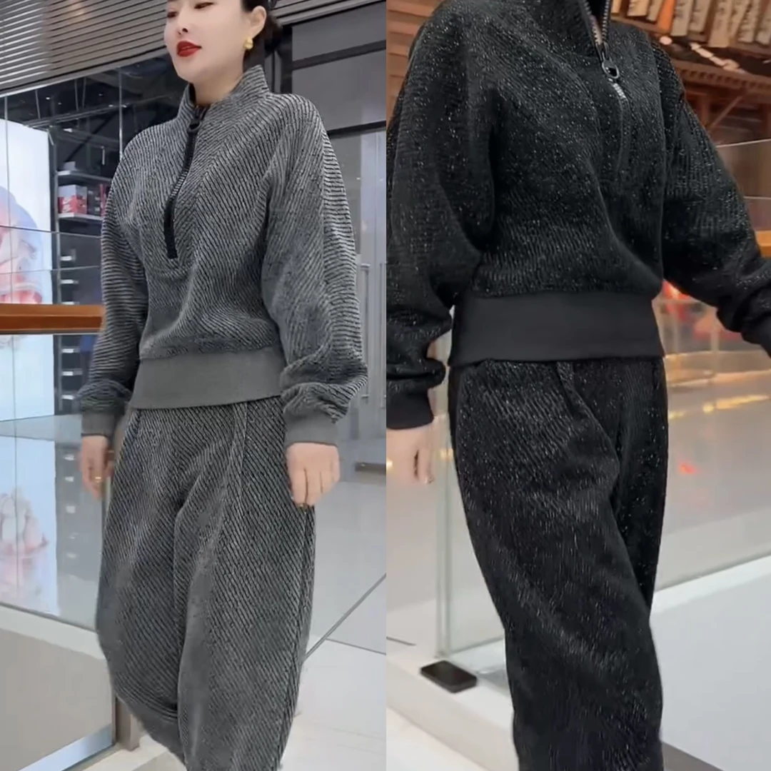 6699*时尚大码春秋减龄百搭宽松休闲洋气精品上衣+裤子套装