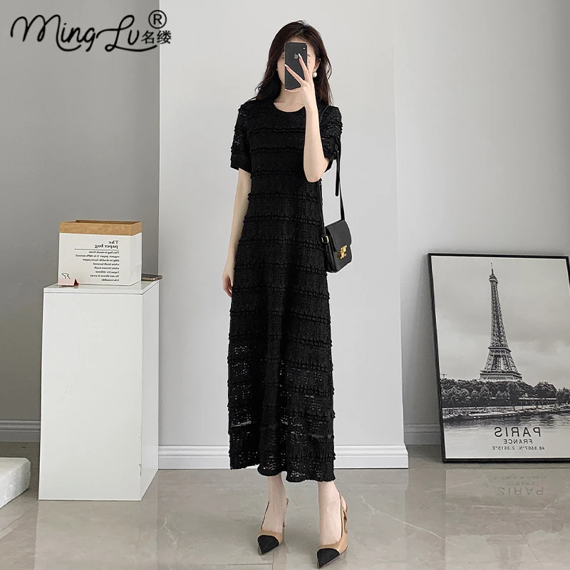 高级感黑色提花法式雪纺连衣裙女夏季2025新款气质收腰a字裙子女