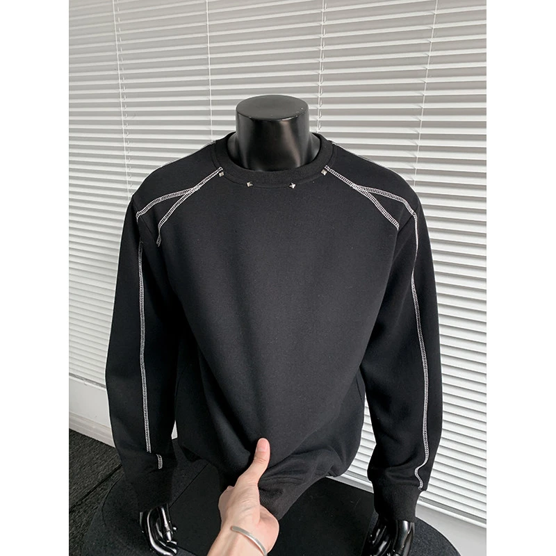 华棉高克重男士休闲百搭宽松潮流拼接解构铆钉圆领大码长袖卫衣男