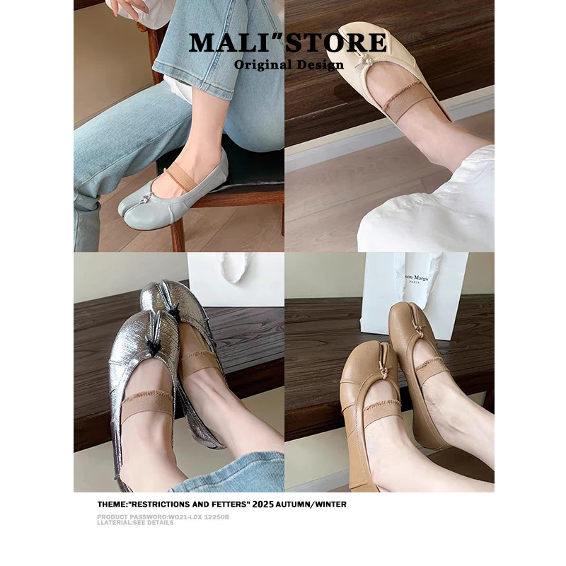 2025春新款褶皱tibi一字带分趾猪蹄平底玛丽珍芭蕾鞋包头半拖鞋女