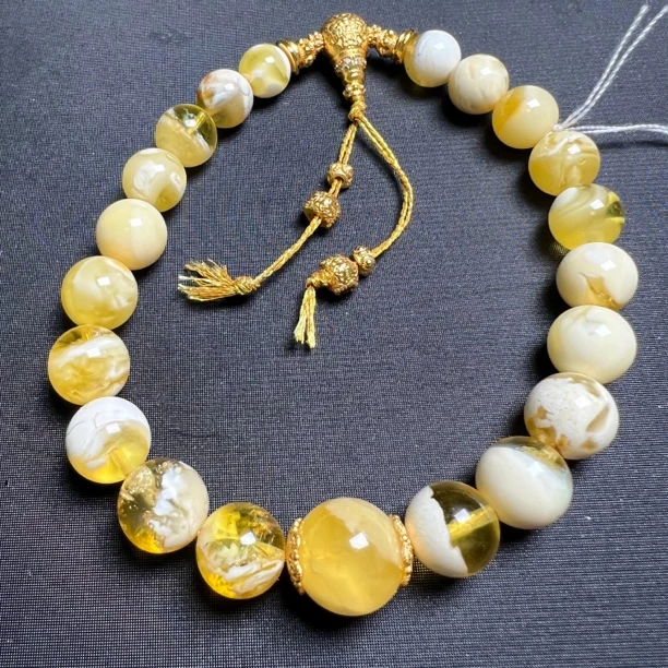 精品金白荧光拉丝妖花琥珀蜜蜡手持白蜜白蜡蜜蜡手持琥珀蜜蜡手串