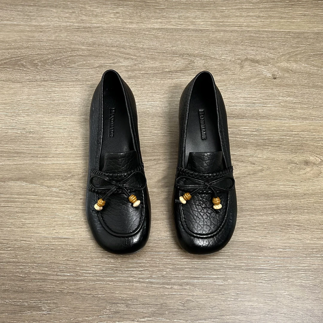 Dannyfrey头层羊皮秋季新款百搭韩版休闲蝴蝶结一脚蹬女乐福鞋3CM