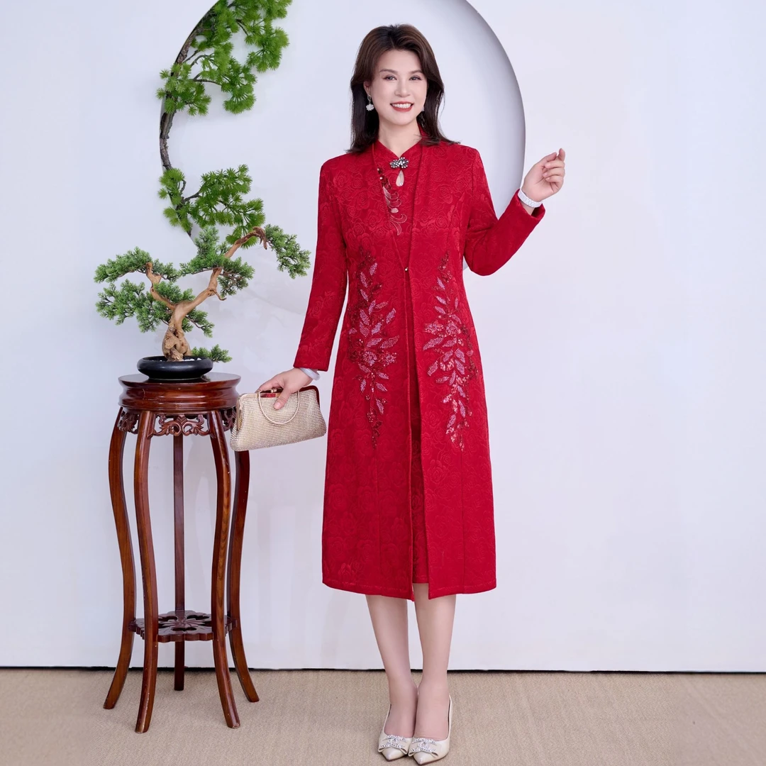 518妈妈款中式显瘦减龄百搭红色时尚大衣轻奢优雅修身中长款