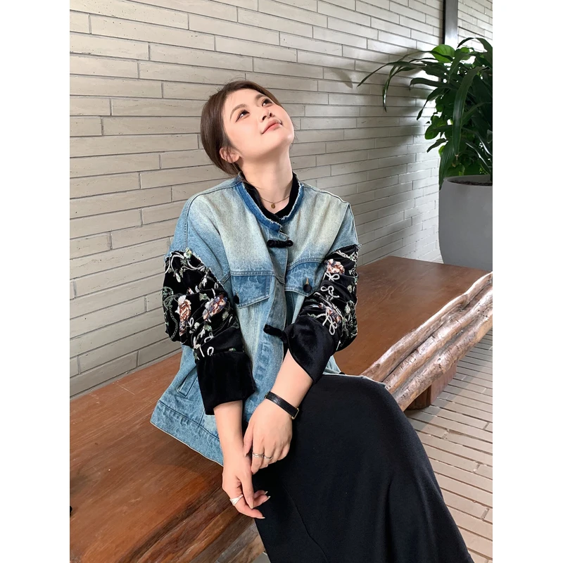 【ALINDM年终大清仓】胖mm新中式国风上衣200斤刺绣拼接牛仔AS25302