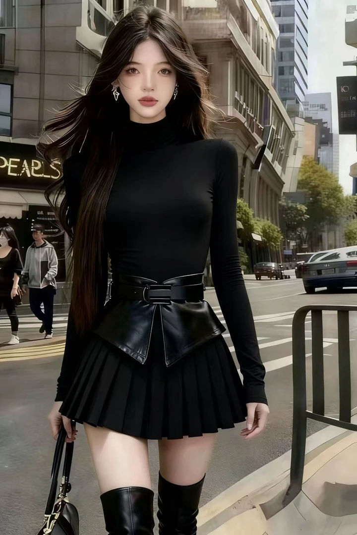 秋冬款显瘦时尚御姐风黑色修身高领长袖上衣+黑色百褶半身裙套装