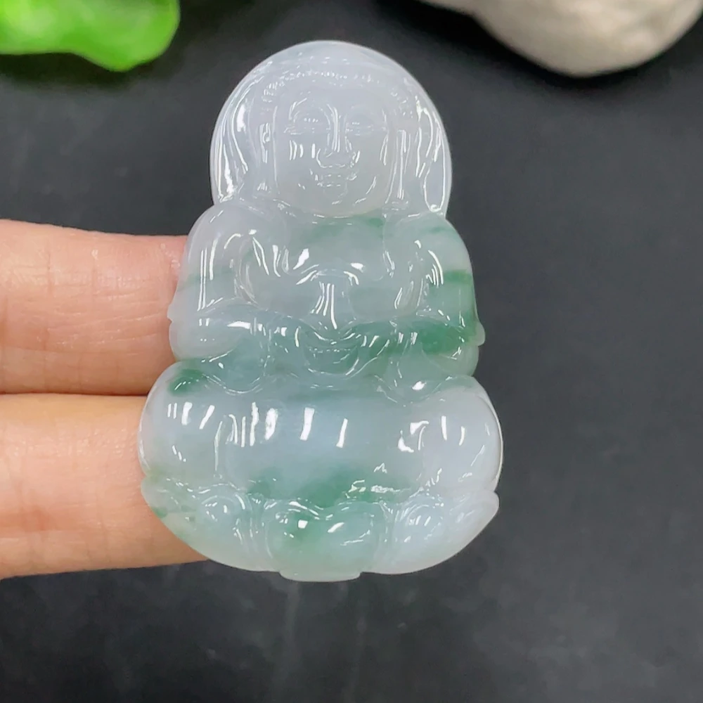 天然缅甸a货翡翠冰飘花正装观音吊坠
