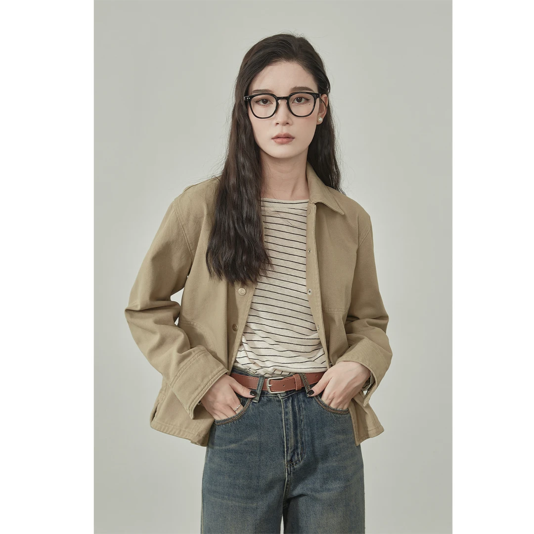 「GUIER」POLO领长袖衬衫女2024秋季新款纯色百搭小众上衣WY0223