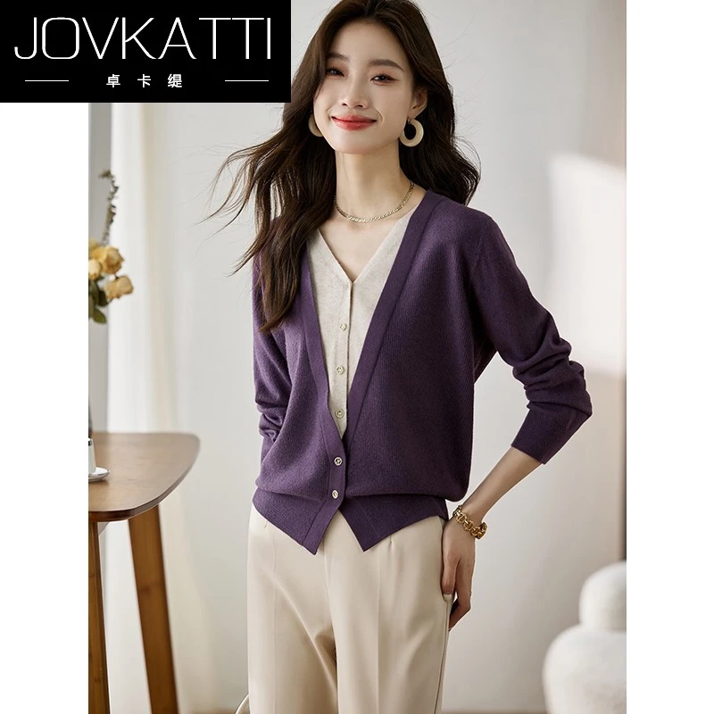 假两件拼色针织开衫女2025秋季新款高级感小个子外搭短款毛衣外套