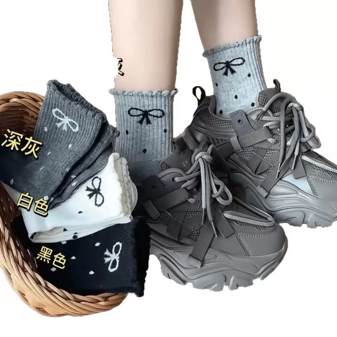 【4双福利】波点蝴蝶结秋冬新款miu系堆堆袜长筒袜日系花边中筒袜