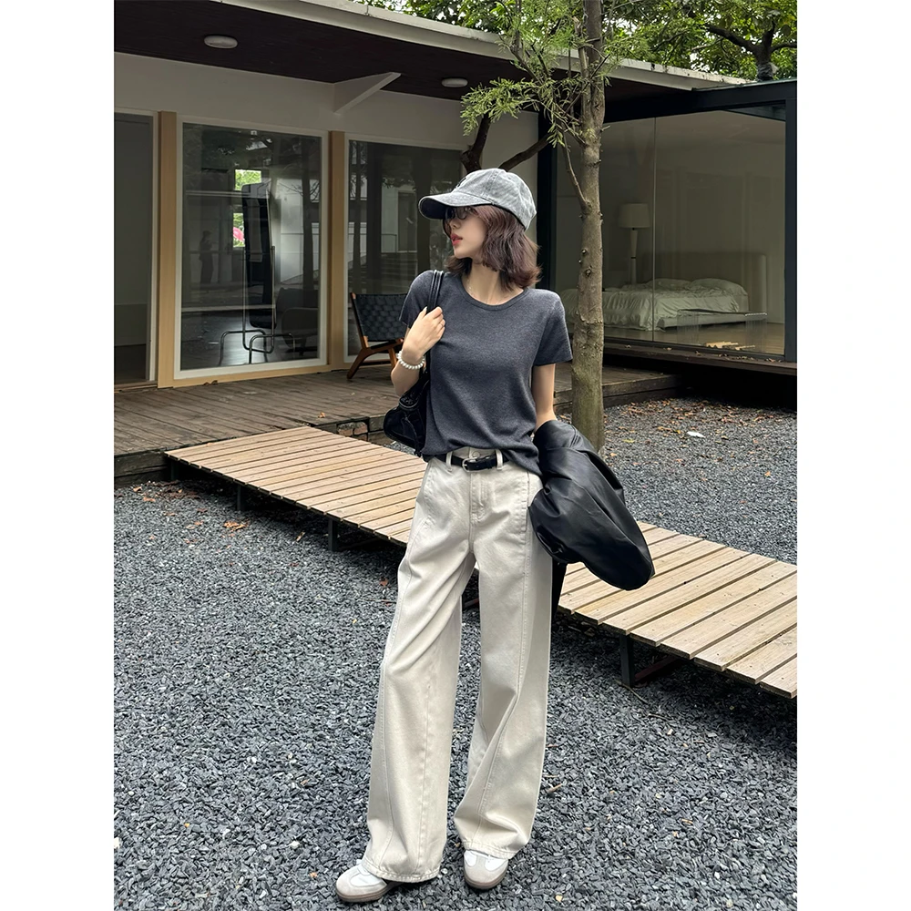 王家有鱼米杏色阔腿弯刀牛仔裤女2025秋季新款宽松显瘦垂感拖地裤