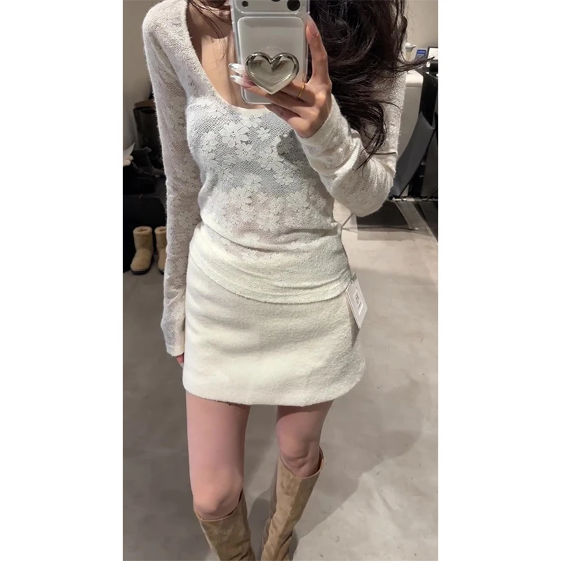 韩系气质小众蕾丝纹理上衣女长袖内搭打底衫a字半身裙白色短裙