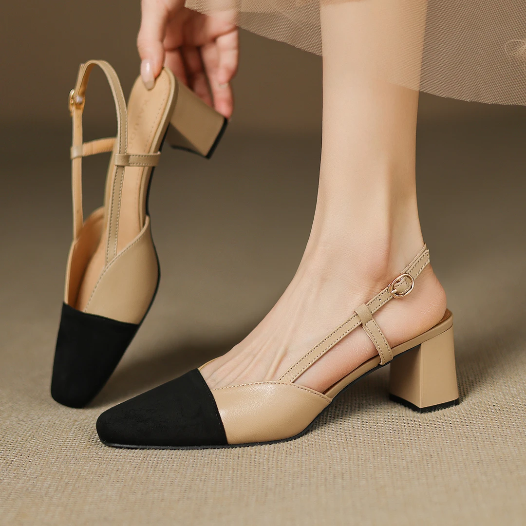【跟高6cm和3.5cm】夏季高跟鞋粗跟方头凉鞋女包头一字带百搭工作鞋