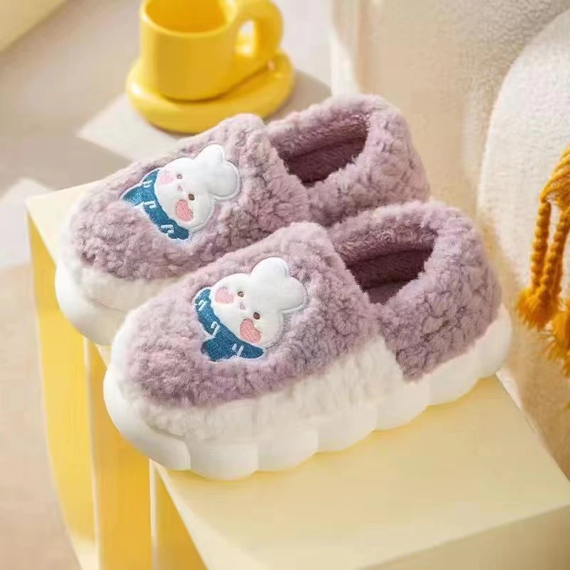 情侣款卡通兔子厚底毛绒包跟防滑保暖冬季居家棉拖鞋