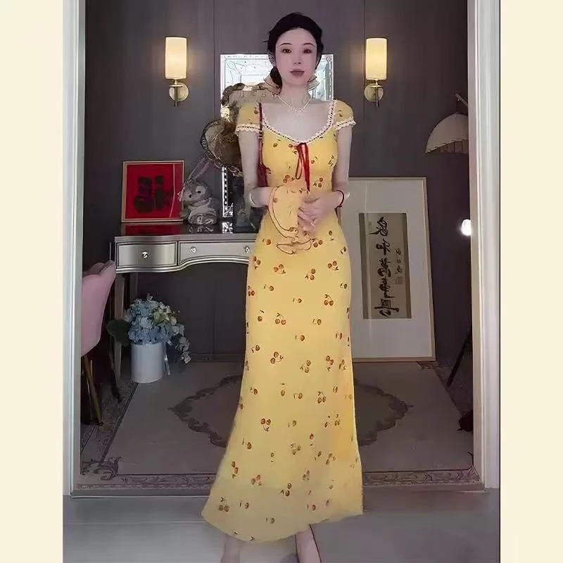 法式印花大码连衣裙花边设计度假风夏季长裙9371