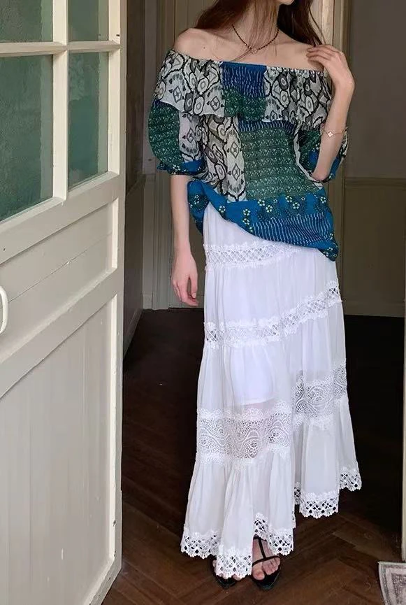 高端2025夏季新款苎麻时尚印花一字领荷叶领花边长袖衬衫1602