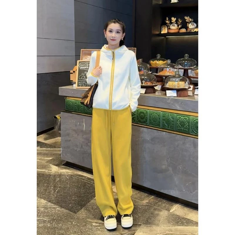 休闲套装女秋冬新款设计感洋气连帽长袖上衣高腰显瘦直筒裤两件套