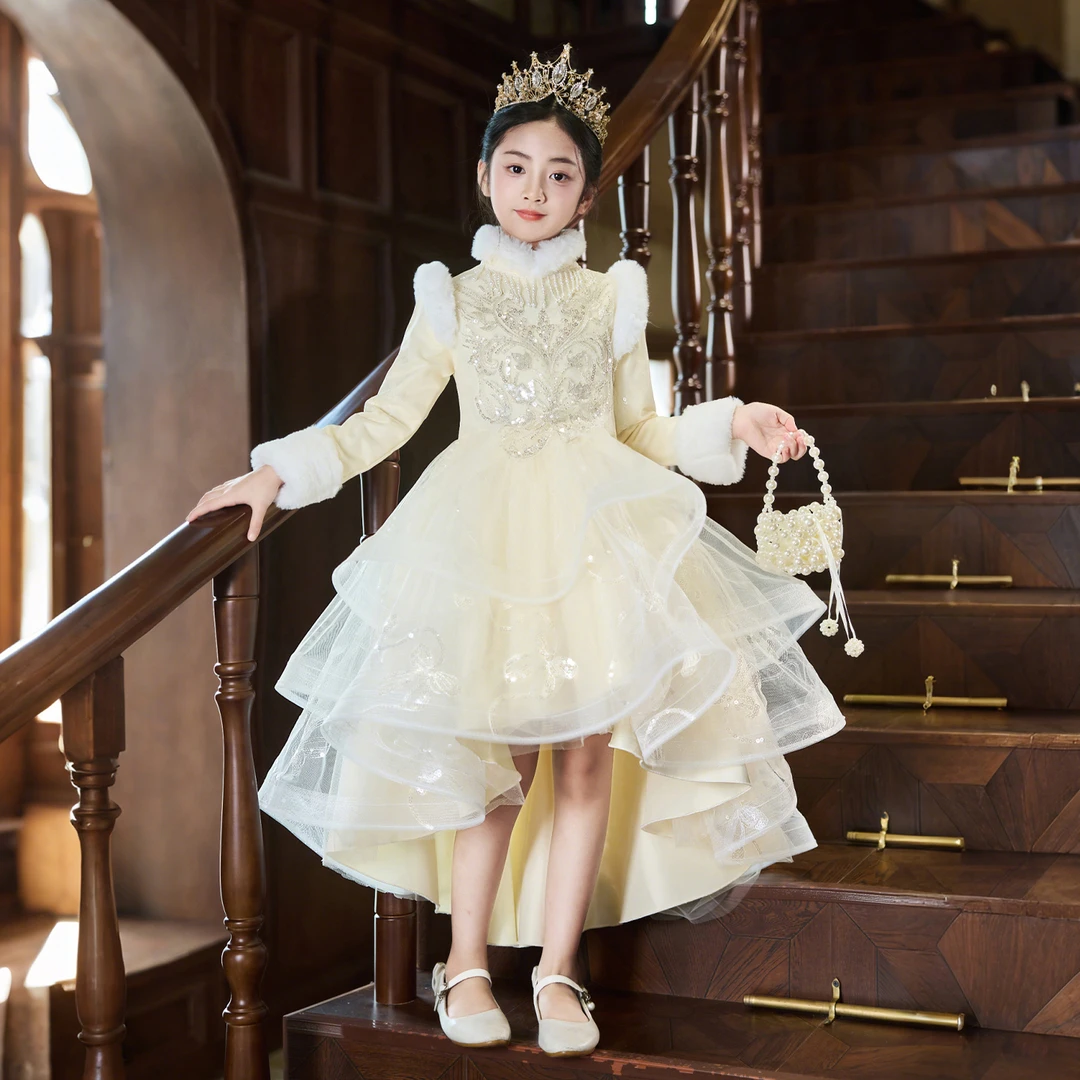 女童礼服公主裙冬季2025新款花童婚礼连衣裙秋冬儿童主持人演出服