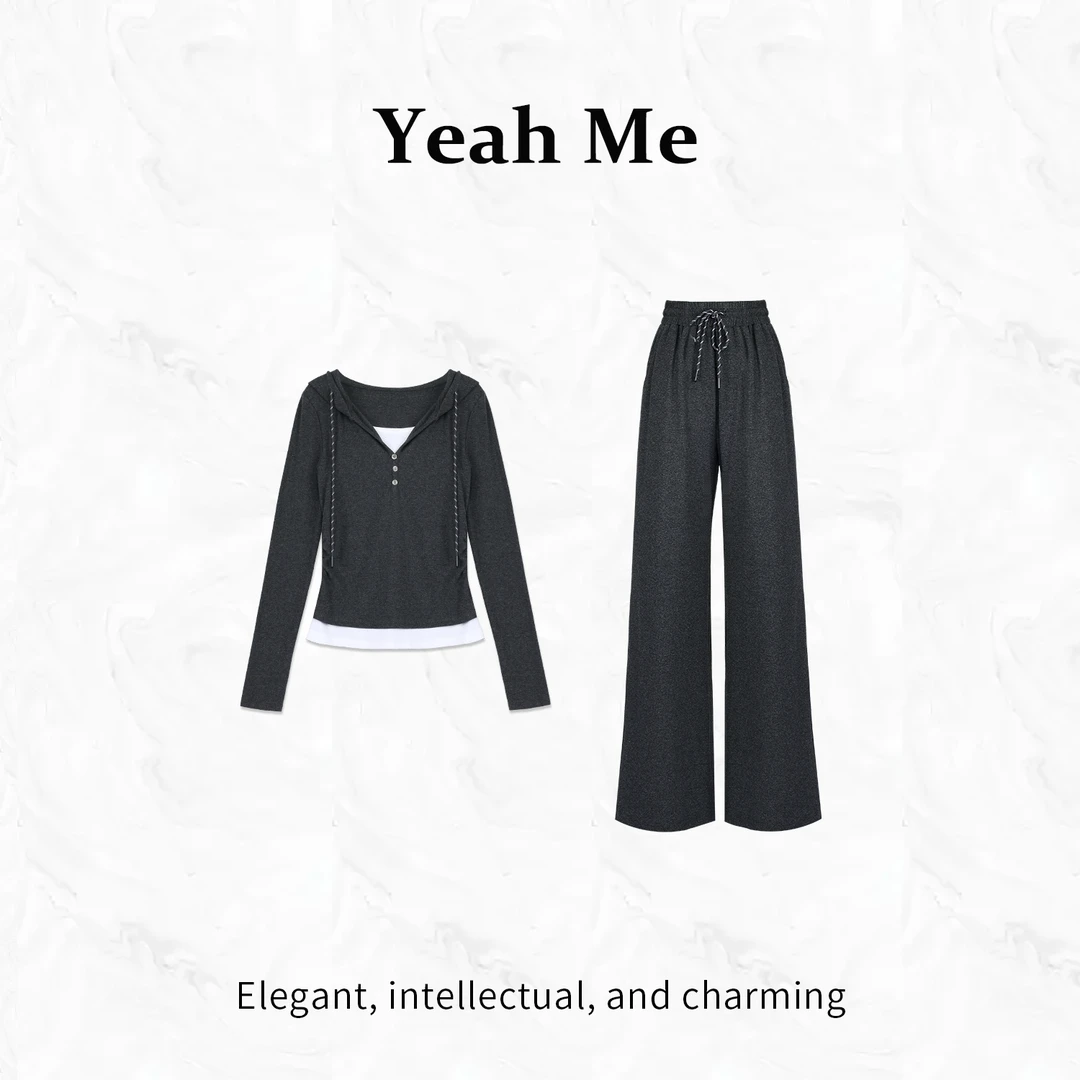 Yeah Me/也觅【序白诗篇】秋季新款简约风灰色长裤套装休闲穿搭显瘦