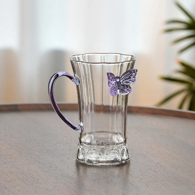 高端莲花蝴蝶水杯玻璃花茶杯可爱玻璃杯耐高温绿茶杯女生喝水杯子