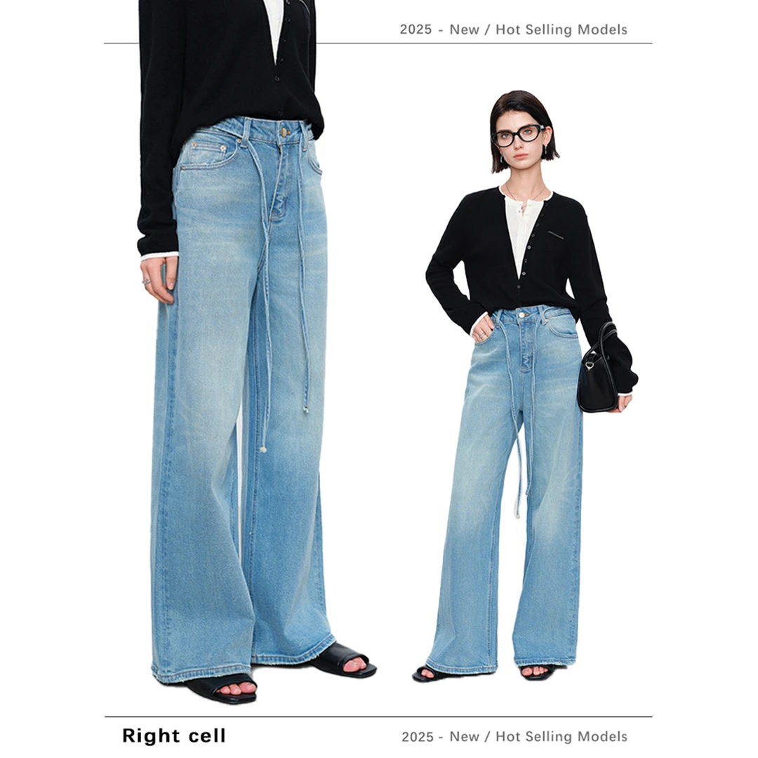 【R.Cell_右单元】高腰水洗浅蓝休闲设计师款直筒宽松牛仔裤#5259