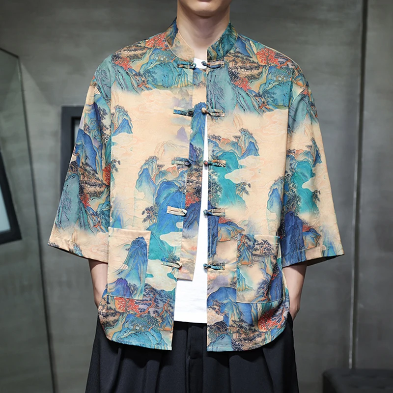 唐装男款夏季薄款中国风男装复古风宽松大码新中式冰丝短袖衬衫潮