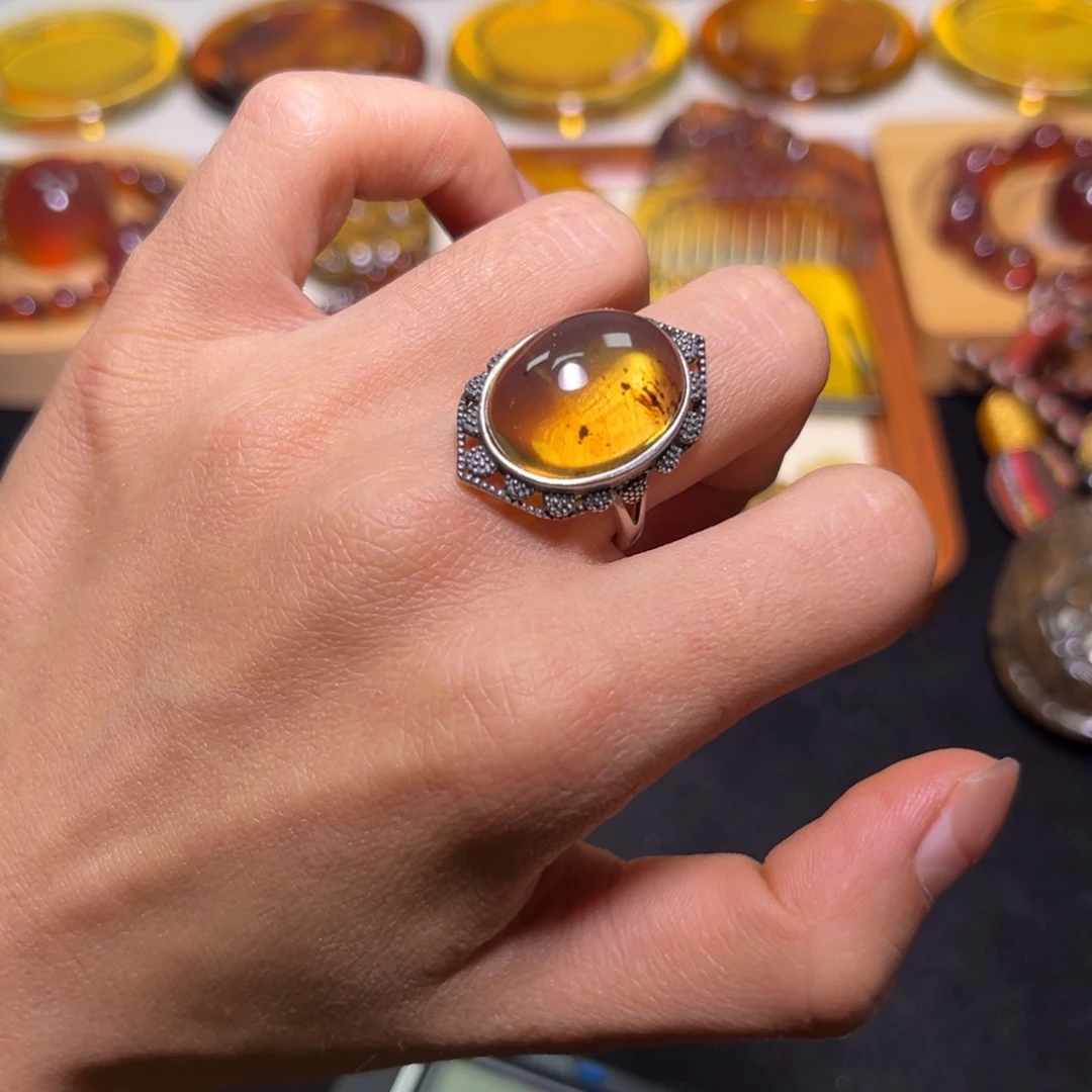 银S925镶嵌琥珀手镯戒指（活口可调节
