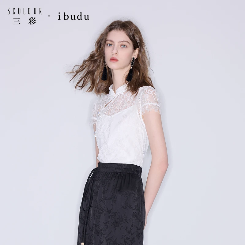三彩ibudu2025夏季新款新中式蕾丝衫透视盘扣上衣短款女