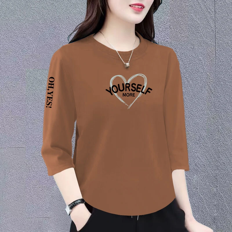 纯棉女士夏季七分新款韩版洋气宽松显瘦时尚百搭上衣体恤衫