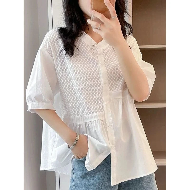 韩范小清新短袖衬衫女2026夏季新款娃娃衫宽松显瘦洋气百搭衬衣