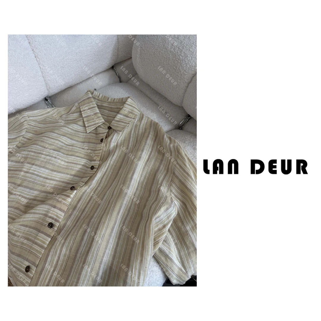【时光交叠】100%亚麻设计感不规则条纹衬衫时尚休闲女上衣中长款