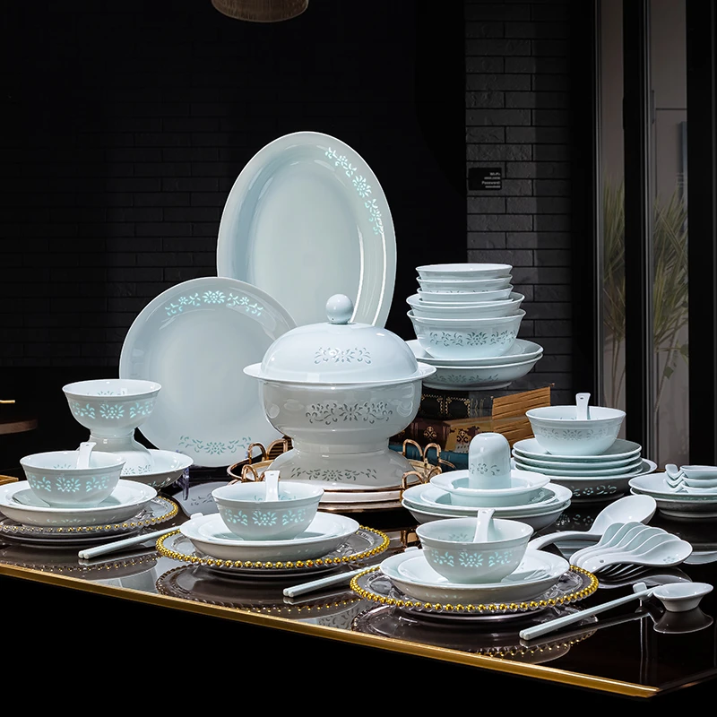 景德镇缠枝莲青瓷玲珑高白泥高温釉下彩结婚乔迁送人玲珑瓷餐具