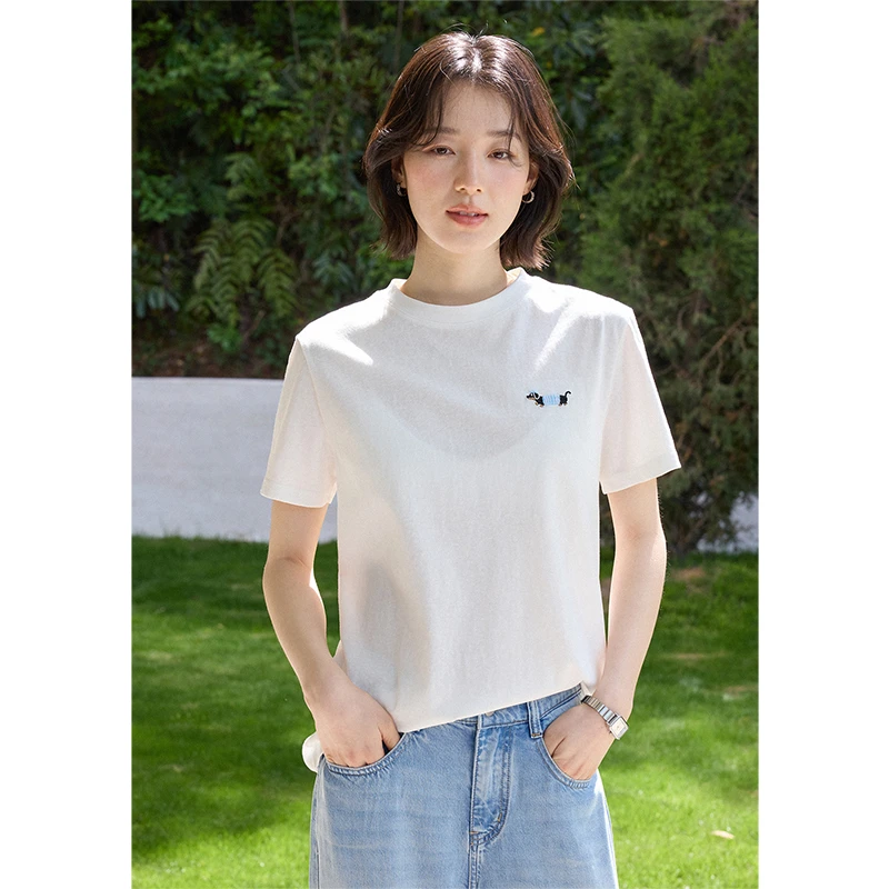 素典【短袖小狗T】卡通刺绣短袖T恤轻薄小个子纯色通勤百搭上衣3314