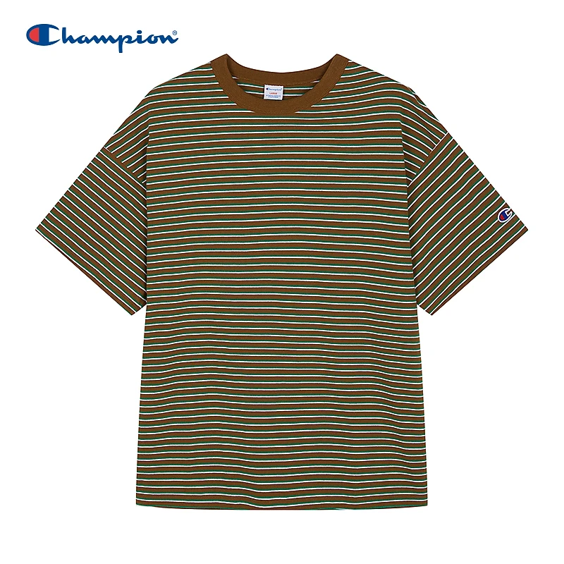 Champion冠军春夏季新品复古条纹短袖情侣美式纯棉圆领宽松T恤spk