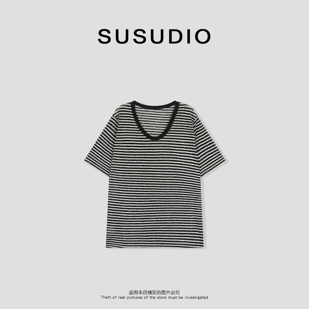 SUSUDIO 春夏新款黑条纹V领复古百搭宽松显瘦T恤10227
