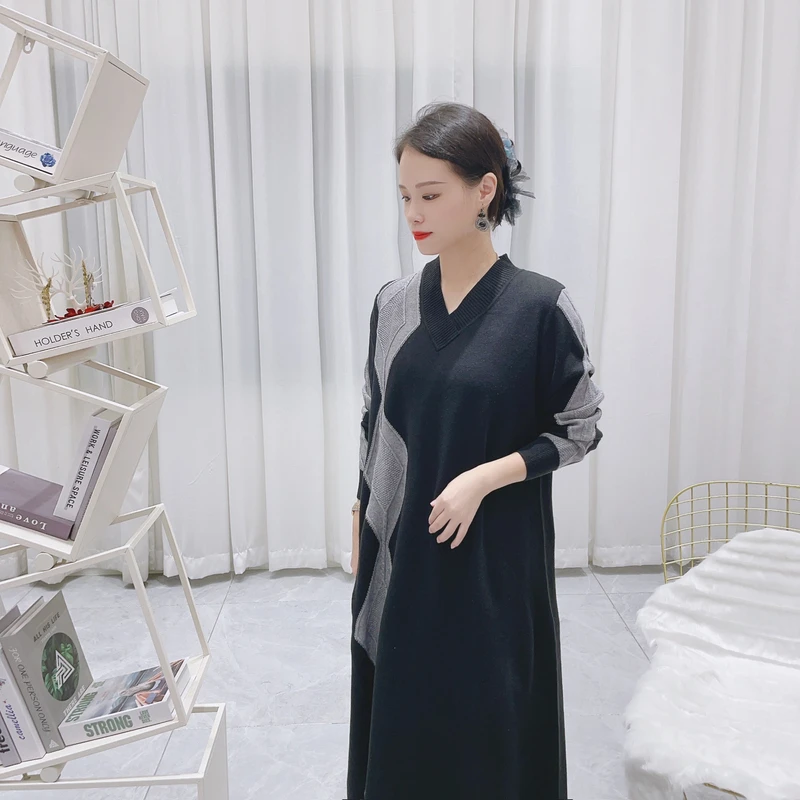 6002秋冬必备气质灰黑拼接菱形格新品连衣裙