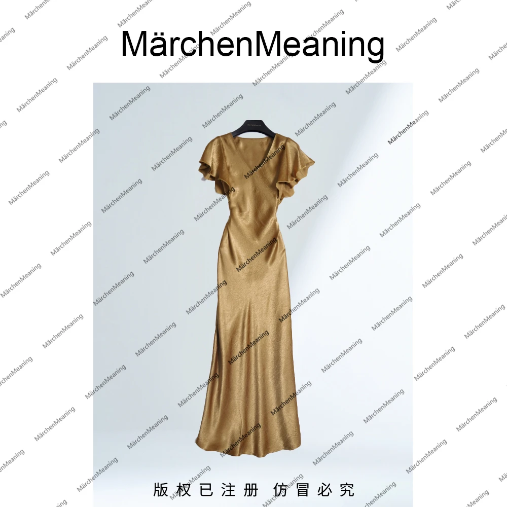 高级定制金色V字领荷叶边袖子百搭气质连衣裙现新wy1